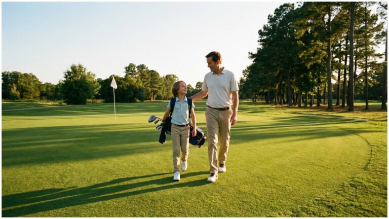 A parent and young child walking together across a sunny golf course, the child smiling and carrying a small junior golf stand bag, with a flagstick and well-manicured putting green visible in the background.