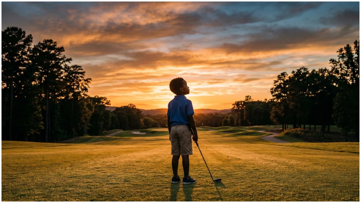 A young junior golfer standing alone on a golf course fairway at sunset, holding a small golf club at his side, with a dramatic orange and gold sky above a tree-lined horizon, evoking the early beginnings of a junior golf journey inspired by how Tiger Woods got his start in golf.