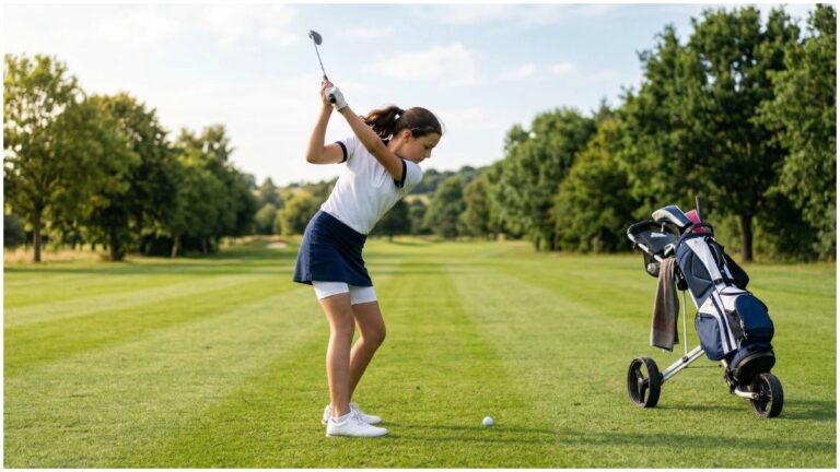 A young female junior golfer in a full swing on a well-maintained golf course fairway with a golf trolley bag beside her, representing a balanced and structured approach to junior golf development alongside school.