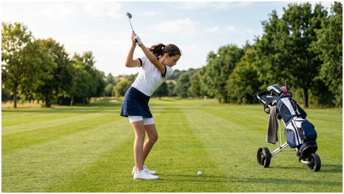 A young female junior golfer in a full swing on a well-maintained golf course fairway with a golf trolley bag beside her, representing a balanced and structured approach to junior golf development alongside school.
