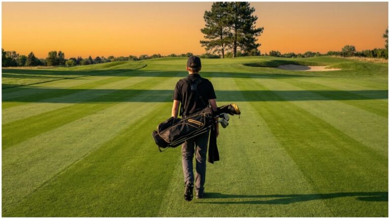 A junior golfer carrying a black and gold golf stand bag walking alone up the centre of a long, perfectly striped fairway toward a distant raised green flanked by bunkers, photographed from behind against a vivid golden-orange sunset sky with a single pine tree on the horizon.