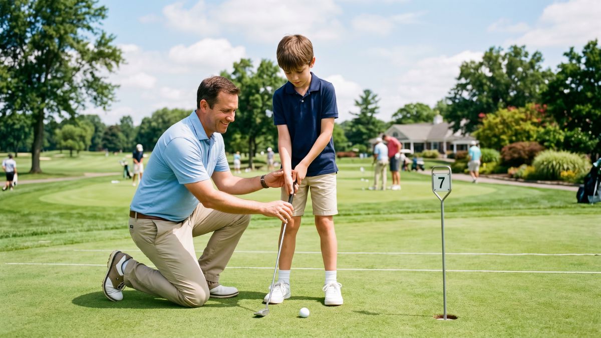 A golf coach kneels beside a young boy of about eight on a practice putting green, gently guiding his putter grip and stance during a beginner junior golf lesson at a golf club.