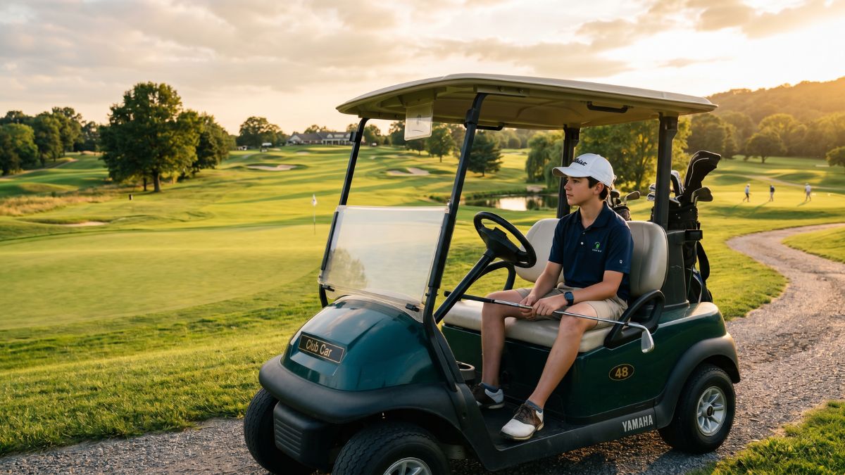 A teenage boy in a navy polo shirt and white cap sits alone in a golf cart on a course path at golden sunset, gazing out over a sweeping fairway, capturing the culture, spirit, and inspiration of junior golf.
