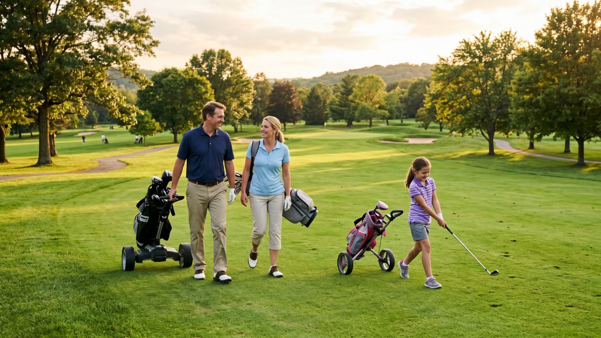 A father in a navy polo, a mother in a light blue polo, and their young daughter in a striped shirt walk together down a lush golf course fairway at sunset, each with their own golf bag or trolley.