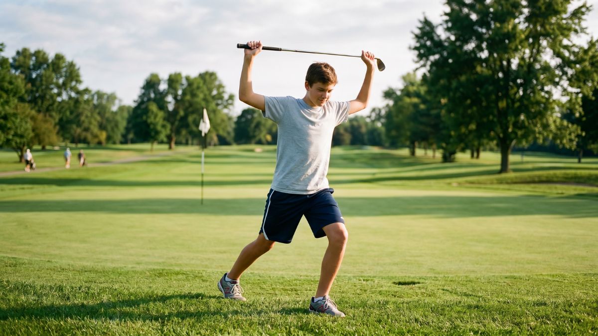 A teenage boy holds a golf club horizontally overhead with both hands to perform a shoulder and torso stretch on a golf course fairway, demonstrating a warm-up exercise for junior golfer health and injury prevention.