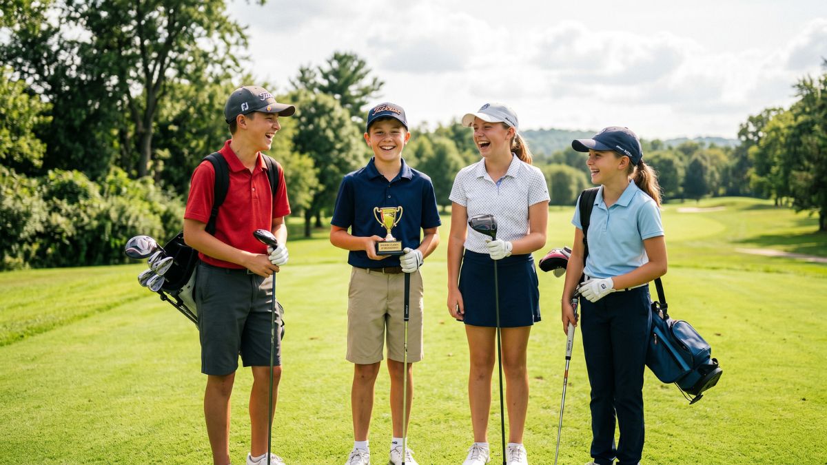 Four junior golfers, two boys and two girls aged ten to fourteen, stand together laughing on a golf course fairway, with one boy holding a small gold competition trophy after a junior golf event.