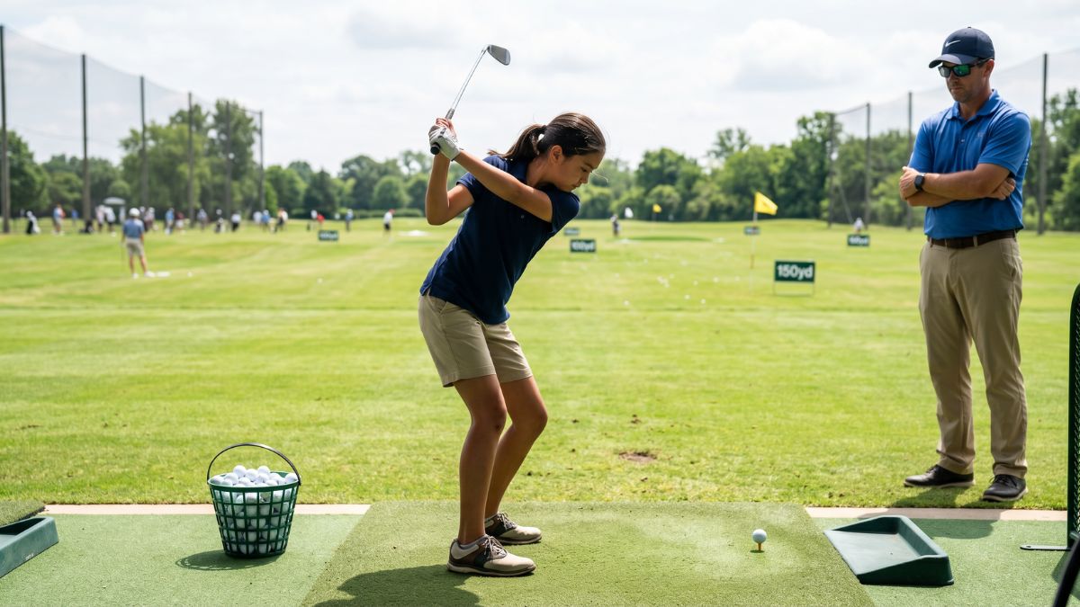 A junior girl golfer performs a full iron swing at an outdoor driving range while a male golf coach in a blue polo shirt watches her form with arms crossed during a structured junior golf training session.