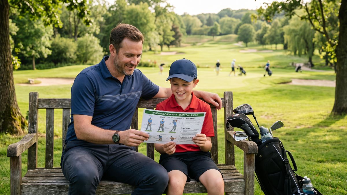 A father and his young son sit together on a wooden bench at a golf course, reviewing a Junior Golf Academy essential skills instructional guide, with a junior golf bag beside them and a lush green fairway visible in the background.