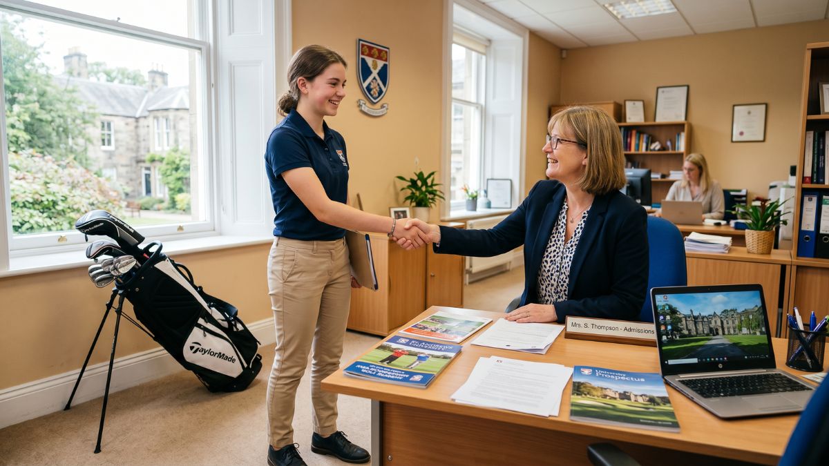 A teenage female golfer in a navy polo shirt shakes hands with a university admissions officer across a desk in a bright school office, with a golf stand bag visible against the wall and scholarship prospectus materials on the desk.