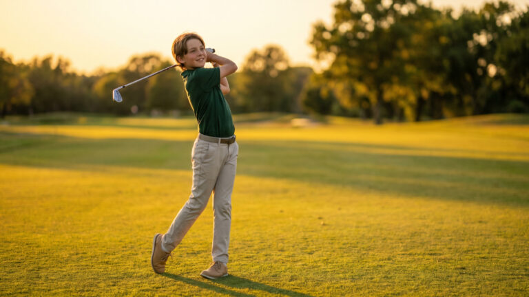 Junior golfer holding a full swing finish position at golden hour on a golf course fairway, smiling with club resting over the lead shoulder and weight fully transferred to the lead foot.