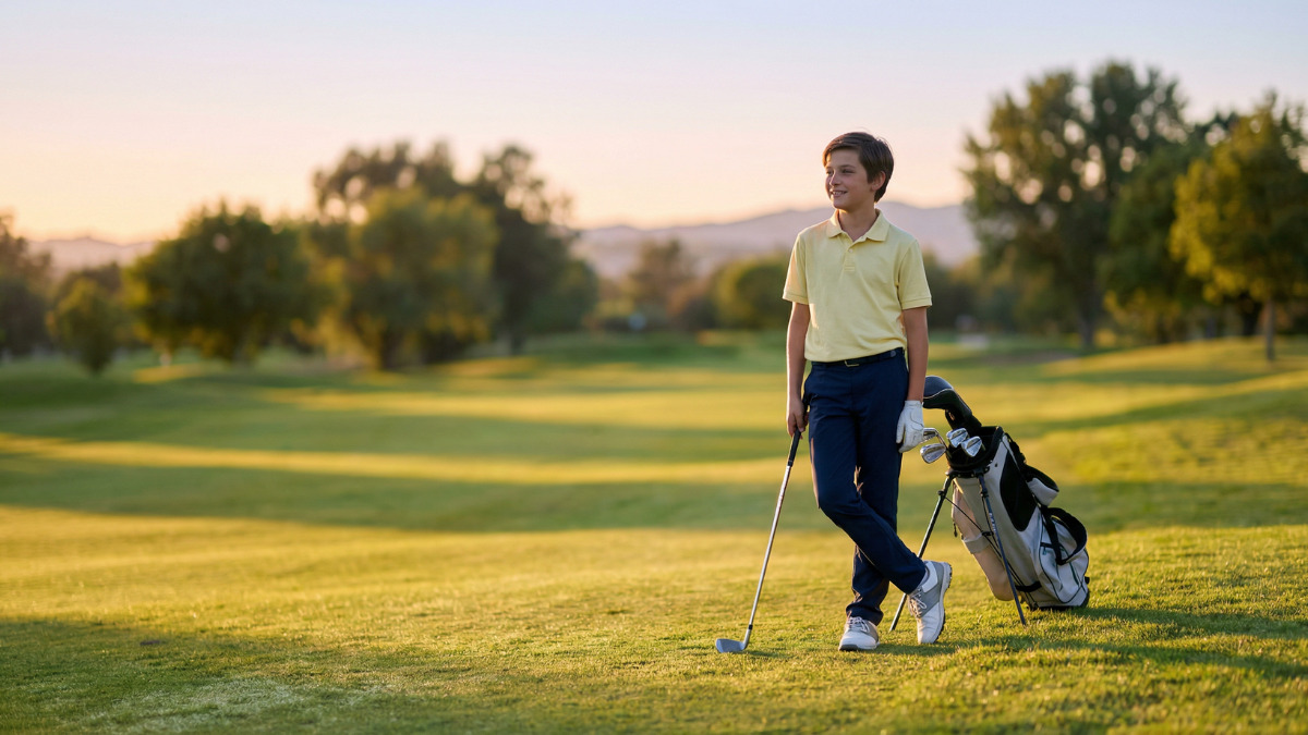 A junior golfer standing beside a lightweight golf stand bag on a sunlit fairway at golden hour, holding an iron and looking relaxed and confident on the course.