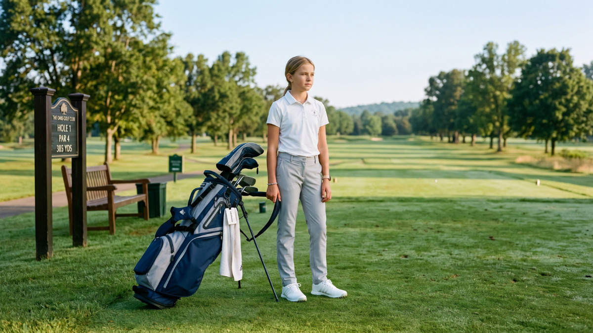 A junior girl golfer standing at the first tee beside a tournament-ready stand bag, wearing a white collared polo and grey golf trousers, looking down the fairway at a junior golf tournament.