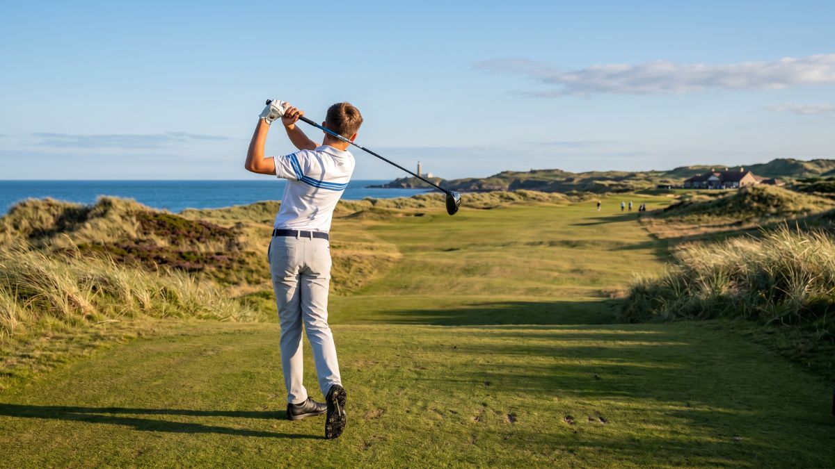 A junior golfer completes a full driver swing follow-through on a dramatic links-style golf course with coastal dunes and ocean views in the background, showcasing the explosive rotational power and balanced finish position that result from a dedicated junior golf core training program.