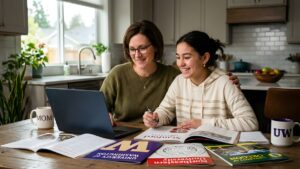 A parent and teenage junior golfer review college recruiting materials together at a kitchen table, with university brochures spread out in front of them, planning the college golf recruitment process.