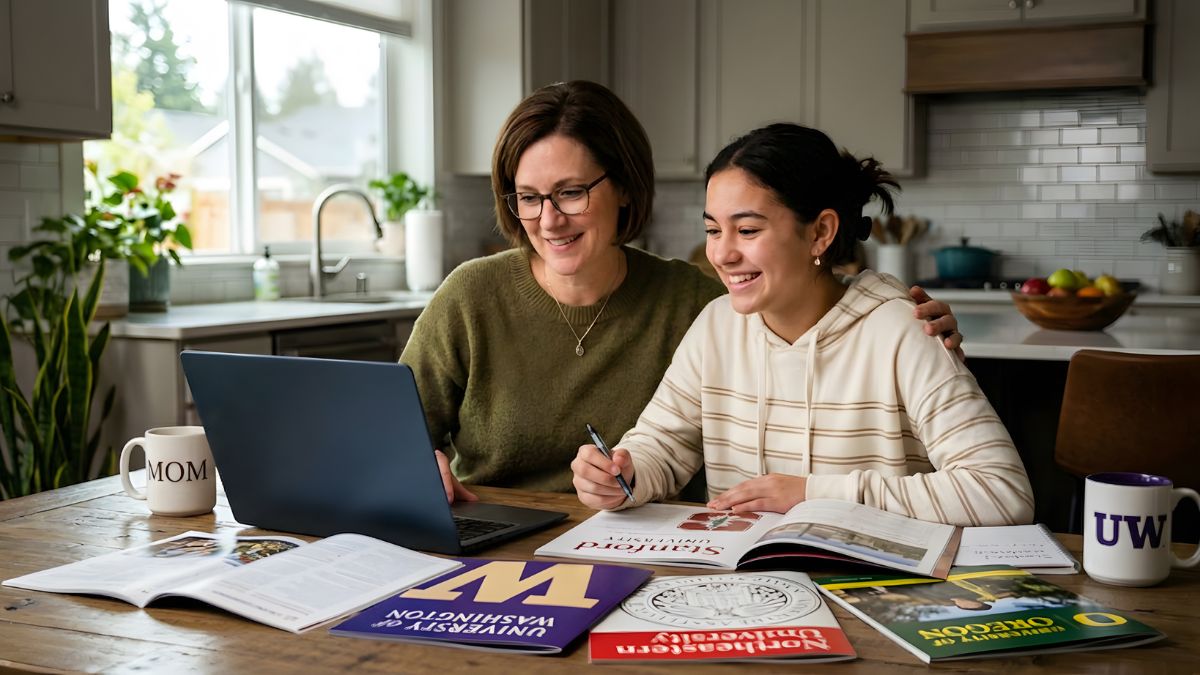 A parent and teenage junior golfer review college recruiting materials together at a kitchen table, with university brochures spread out in front of them, planning the college golf recruitment process.