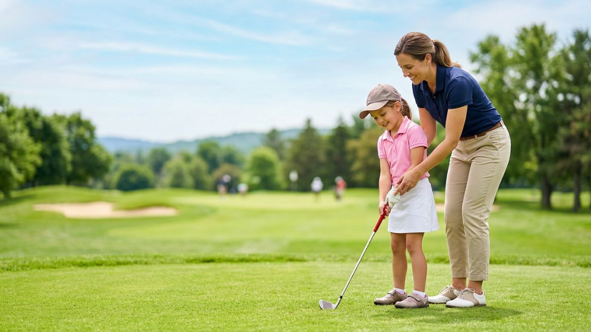 A smiling mother guides her young daughter's golf grip and stance on a lush green fairway on a sunny day, with a sand bunker, rolling tree-lined hills, and a wide open sky creating a classic golf course backdrop.