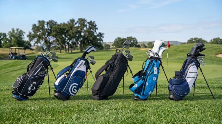 Five junior golf club sets including the Callaway XJ, Cleveland Golf CGJ, TaylorMade Team Junior, US Kids Golf Tour Series, and Ping Prodi G stand in a row on a golf course fairway, representing the top-rated junior golf club sets reviewed and compared for beginner, intermediate, and advanced young players.