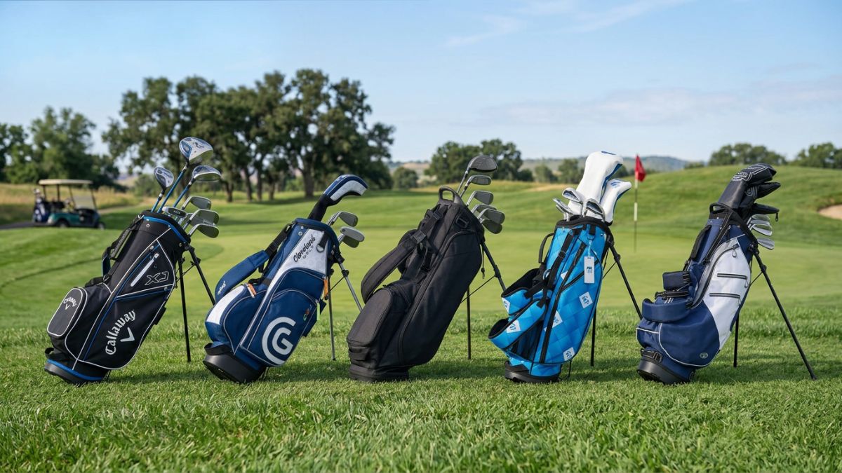 Five junior golf club sets including the Callaway XJ, Cleveland Golf CGJ, TaylorMade Team Junior, US Kids Golf Tour Series, and Ping Prodi G stand in a row on a golf course fairway, representing the top-rated junior golf club sets reviewed and compared for beginner, intermediate, and advanced young players.