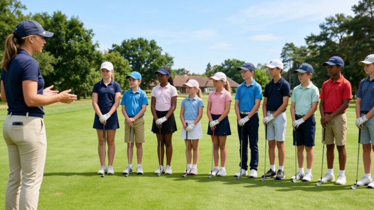 A female golf coach addresses a diverse line of junior golfers aged approximately seven to fourteen on a lush green golf course on a bright summer day, each player holding a golf club and listening attentively during a group outdoor coaching session at a junior golf camp.