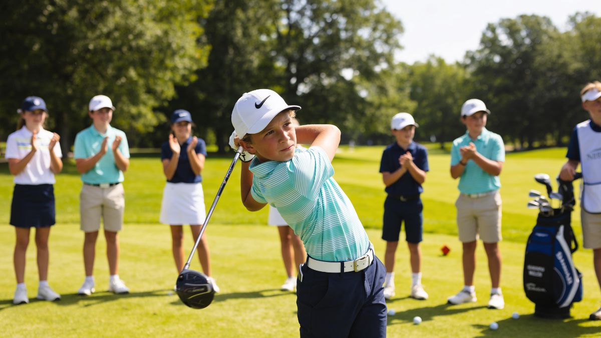 A group of junior golfers watches attentively as a peer completes a full driver swing on a sunlit fairway, illustrating the life skills and character-building values that golf develops in young players.