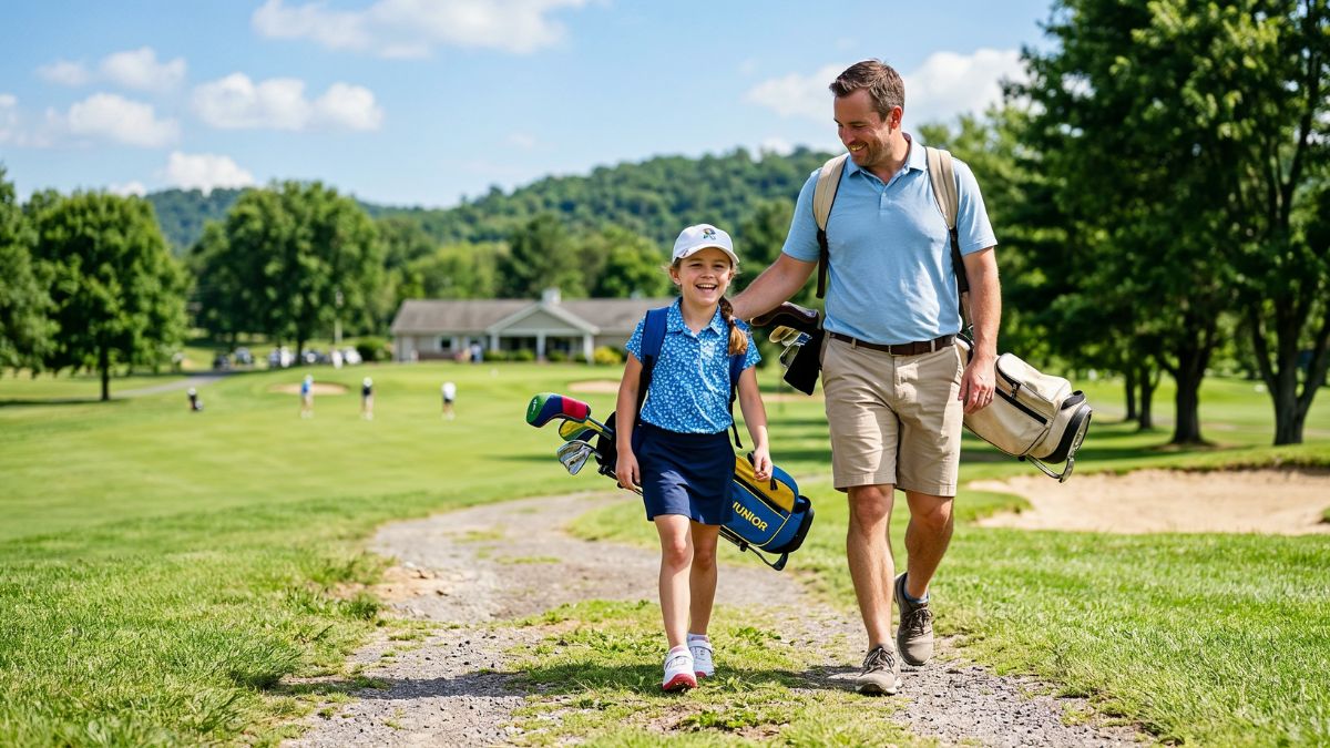 A smiling junior golfer carries her own club bag alongside her parent on a sunny public golf course, illustrating how affordable starter equipment and accessible courses make it possible for families worldwide to enjoy the game together.