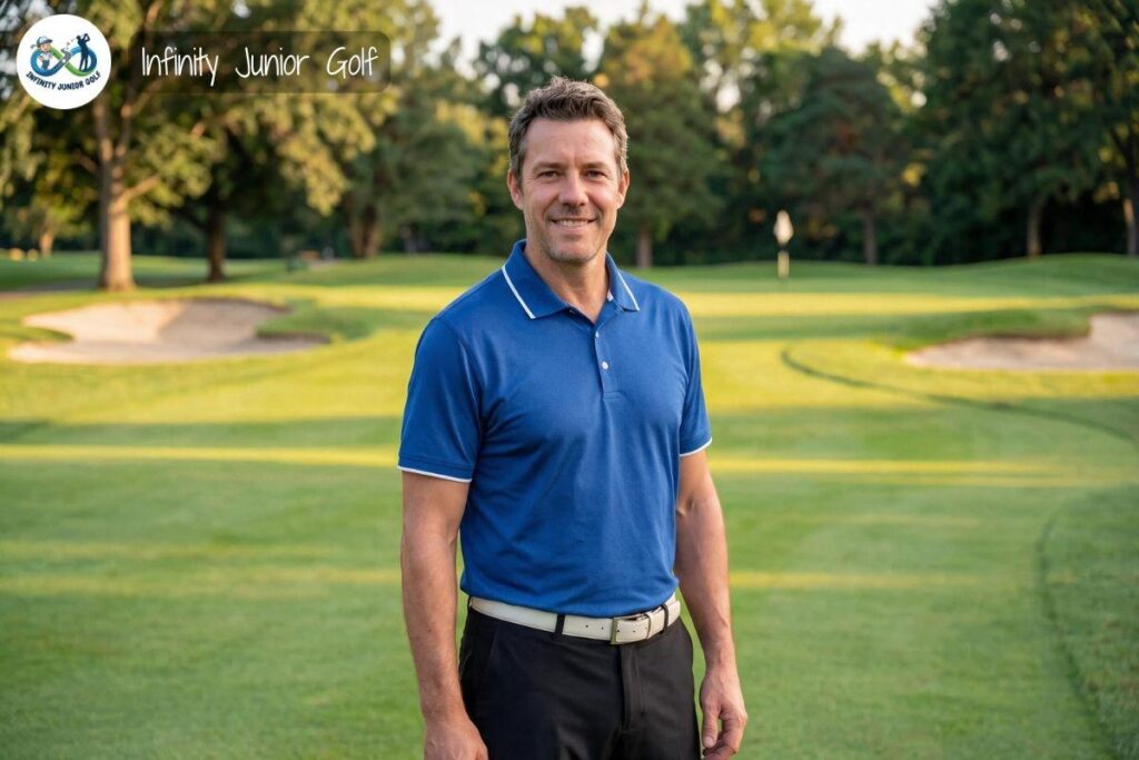 Al from Infinity Junior Golf stands on a golf course fairway near the bunkers and green, reflecting his personal journey from lifelong golfer to junior golf parent and founder.