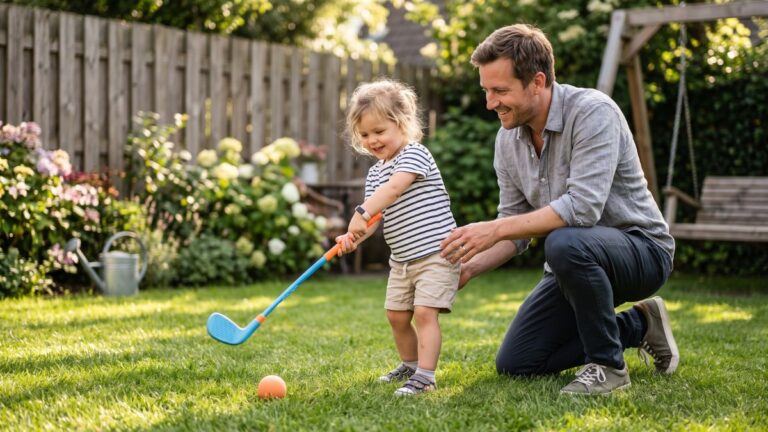 A father kneels beside his young daughter in a backyard, gently guiding her grip and stance as she holds a small blue and orange golf club, with an orange foam ball resting on the grass ahead of her.