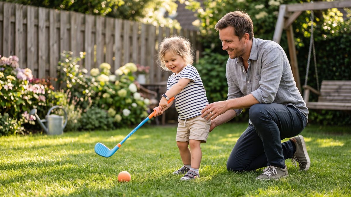 A father kneels beside his young daughter in a backyard, gently guiding her grip and stance as she holds a small blue and orange golf club, with an orange foam ball resting on the grass ahead of her.
