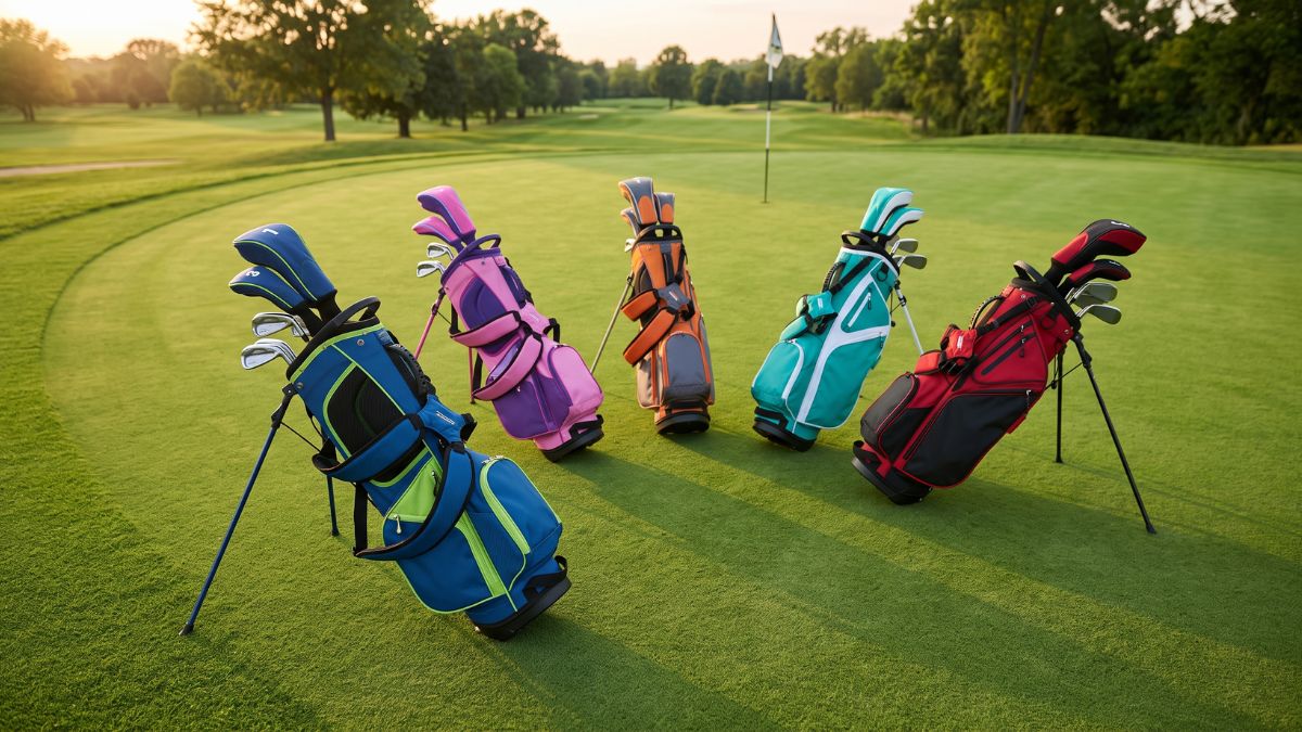 Five colorful junior golf stand bags with matching clubs lined up on a putting green representing the top junior golf club sets compared in this guide.
