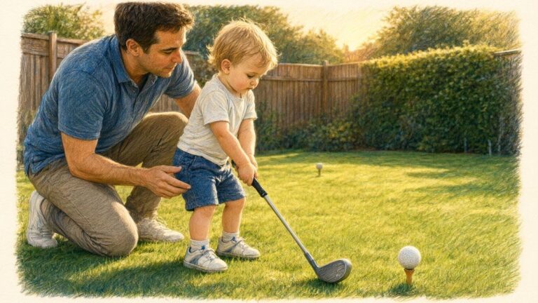 Illustration of a parent kneeling beside a toddler at address over a teed foam ball in a backyard.