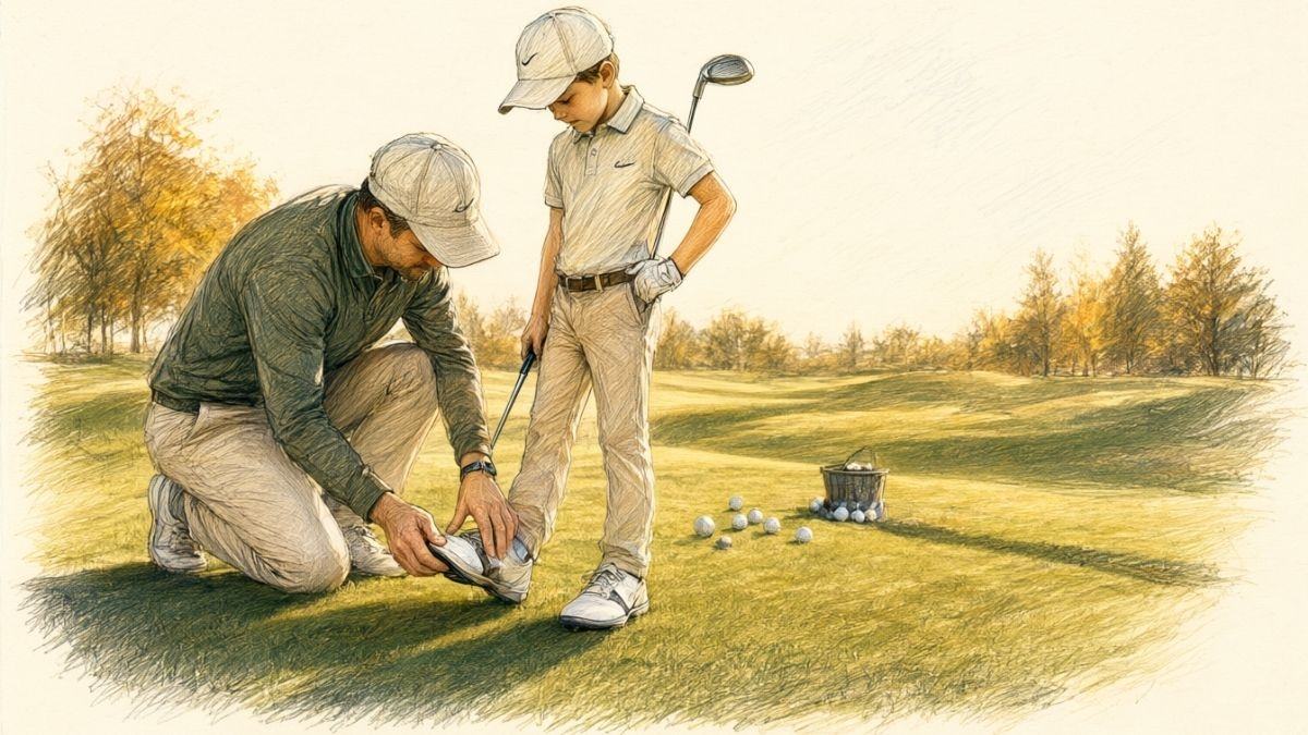 A coloured pencil illustration of a parent kneeling on a sunlit driving range, checking the toe fit of a junior golfer's golf shoe by hand while the child stands nearby in golf attire.