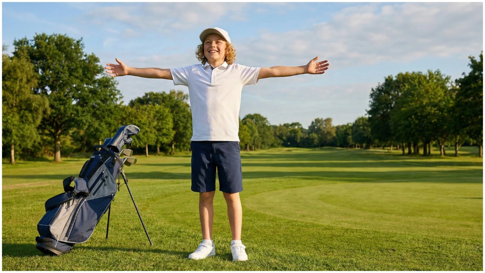 A happy young junior golfer wearing a white polo shirt and navy shorts, arms stretched wide open with a big smile, standing on a sunny golf course fairway beside a golf bag.