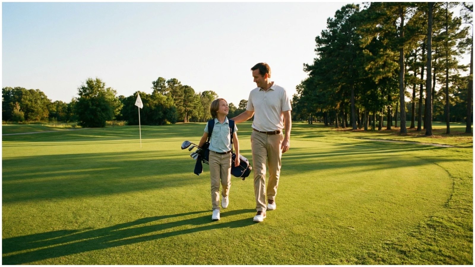 A parent and young child walking together across a sunny golf course, the child smiling and carrying a small junior golf stand bag, with a flagstick and well-manicured putting green visible in the background.