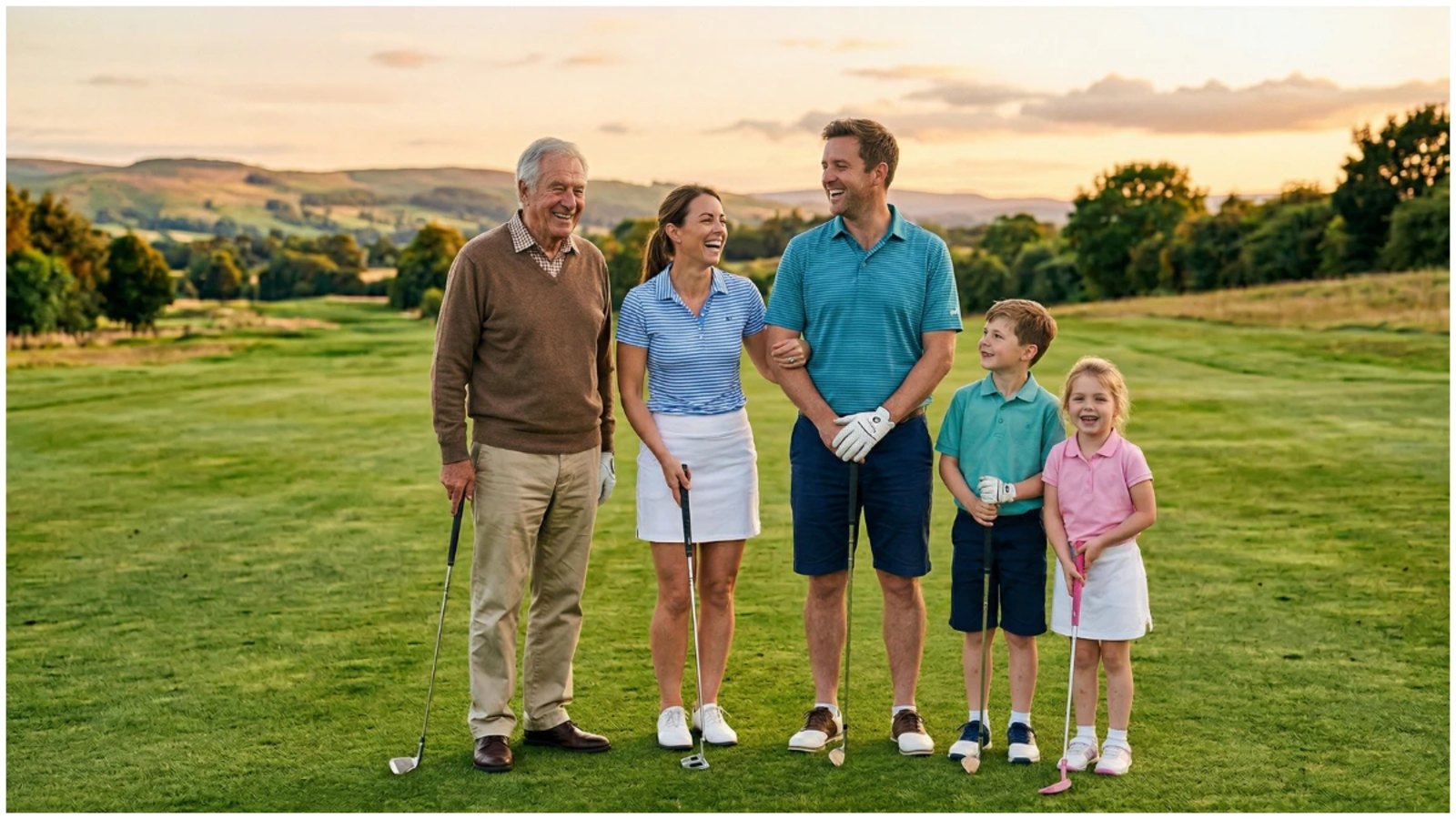 A multigenerational family of five — a grandparent, two parents, and two young children — laughing together on a lush golf course fairway at golden hour, each holding a golf club, with gently rolling green hills stretching into the warm sunset sky behind them.