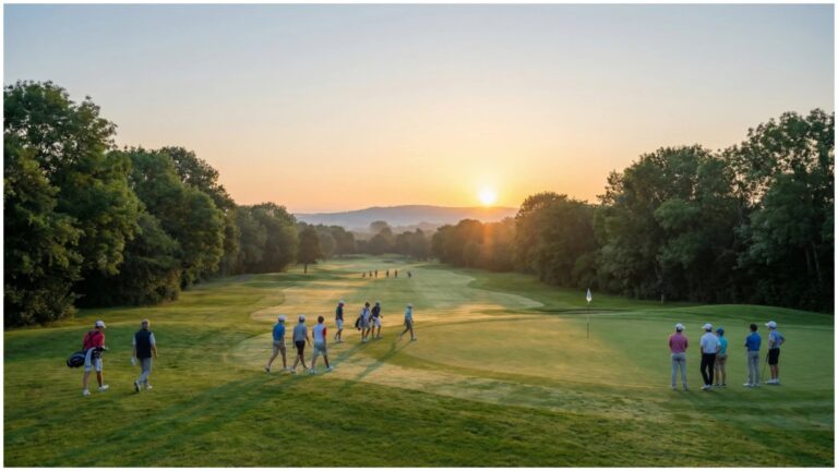Wide shot of pristine golf course with multiple young junior golfers visible at different points on fairway during early morning light with golf flags on greens showcasing top junior golf tournaments in the United States.