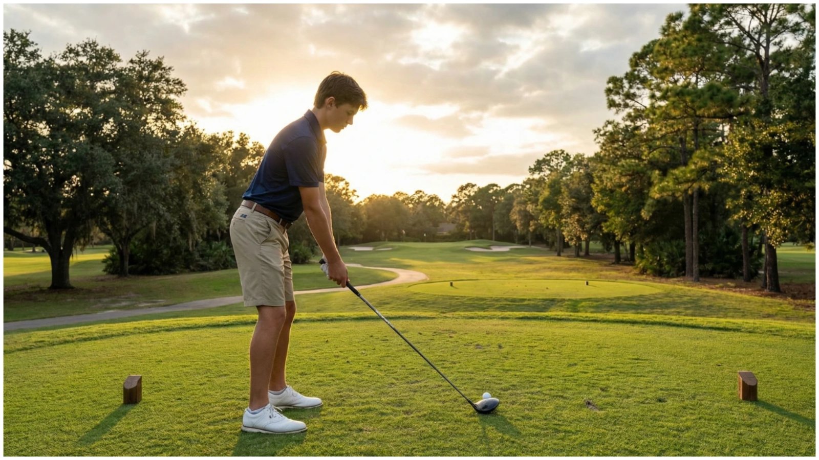 Young golfer standing confidently on a golf tee box with driver at sunset, representing goal setting and aspirational development for junior golf training.