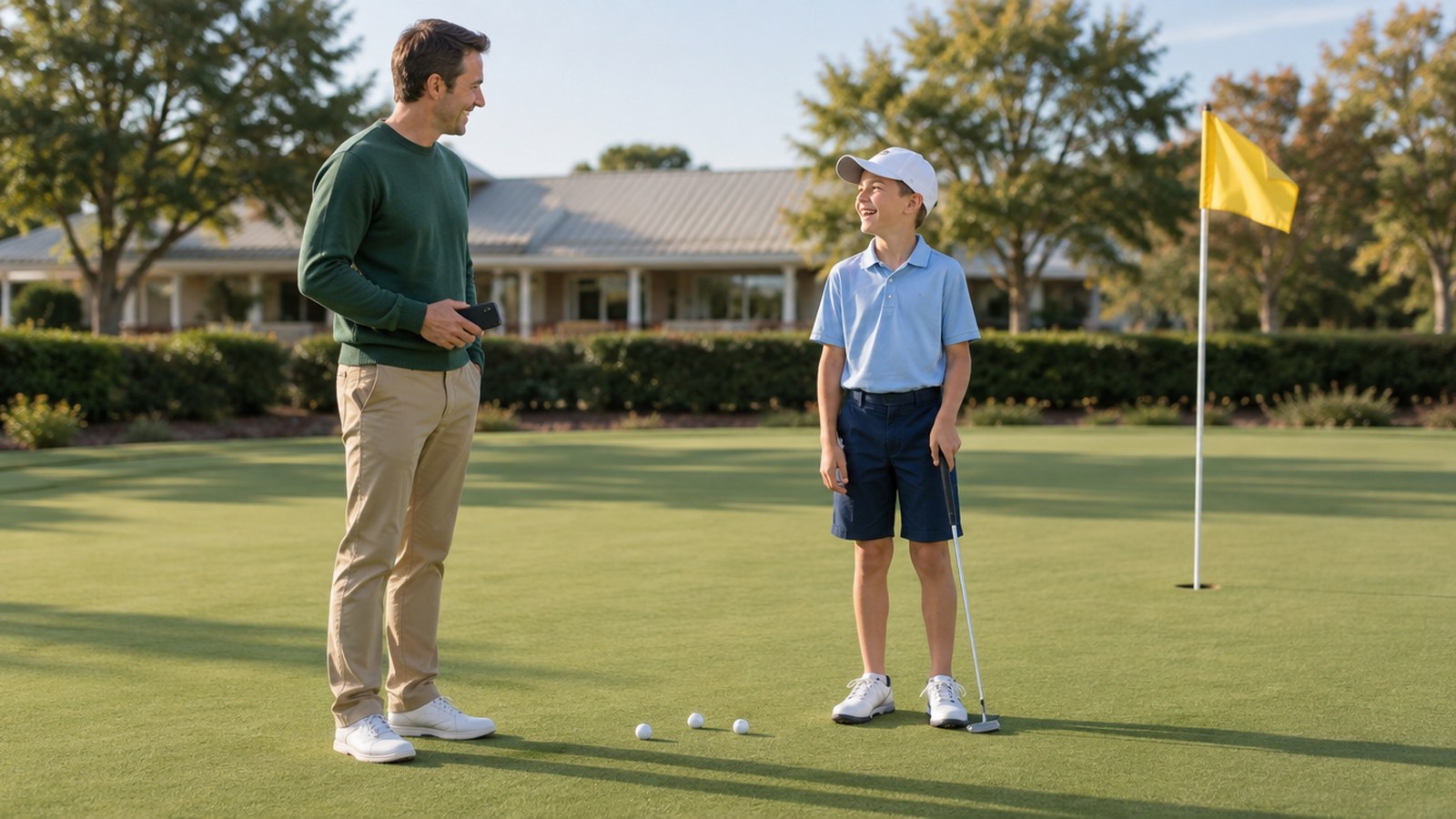 Parent with a phone and a junior golfer on a practice green, planning golf practices with a scheduling app.
