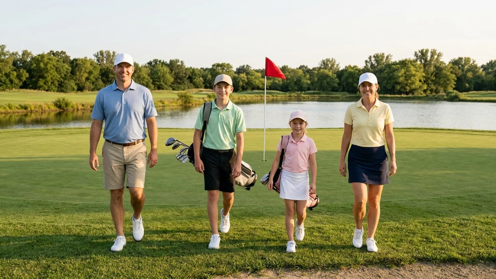A family walks off a short par-3 green at a lakeside resort, one of the top destinations for golf and family fun.